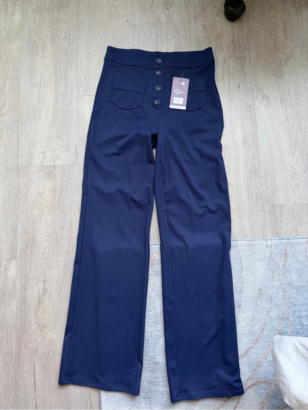 Straight-Leg High-Waist Pants in Navy with Button Front